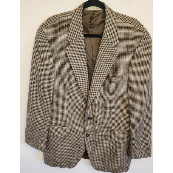 Vtg Chaps Ralph Lauren Blazer Mens 42R Brown Houndstooth Silk Wool Sports Coat - Picture 1 of 11